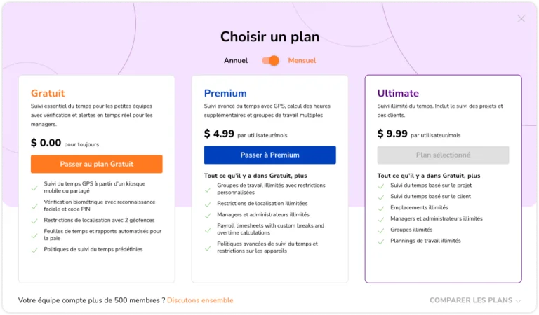 Sélecteur de plan d'abonnement